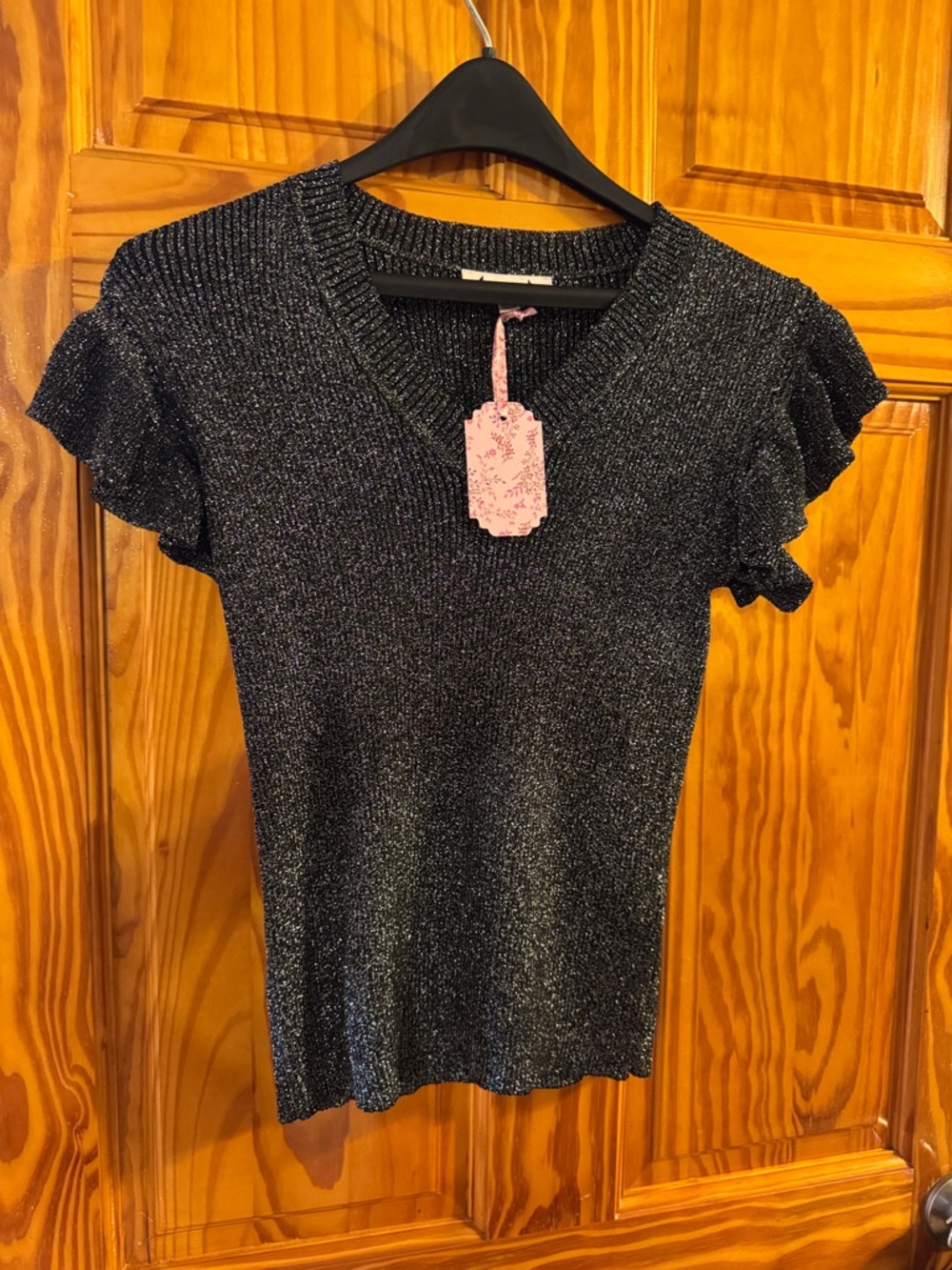 Nanette Lepore Black Metallic V-Neck Ruffle Sleeve Knit Top